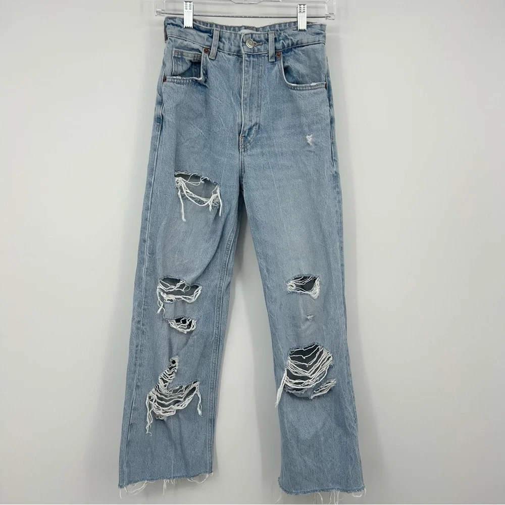 Zara High Waisted Wide Leg Ripped Jeans - Picture 2 of 5